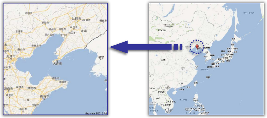 中国事業部の所在地である大連市の地図です